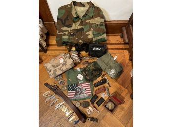US Army Jacket, Military Style T-shirts, Cap, Knives, Vivitar Binocular, Belt Buckles, Compass In Wooden Case