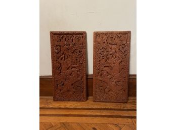 Pair Of Vintage Asian Hand Carved Wood Panels Wall Hanging