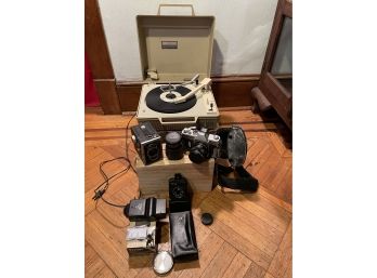 General Electric Solid State Portable Turntable, Vtg Cameras: Mamiya-sekor, Zeiss, Vivitar With Extra Lenses