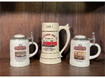 Pair Of Vintage Collectors Lidded Stein Mugs And One Firehouse Mug