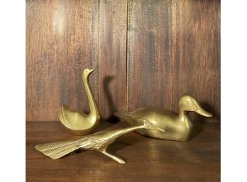 Set Of 3 Vintage Solid Brass Collectible Duck, Swan And Bird