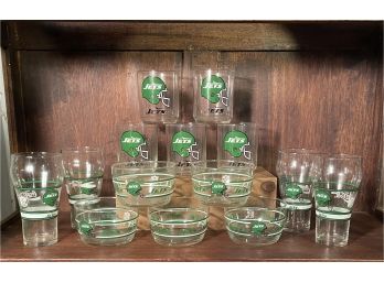 Lot Of New York Jets Glasses: Snack Dishes Set Of 5, Drinking Glasses Set Of 5 And 4 Vintage Coca Cola Glasses