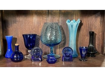 Blue Lot Includes Mid Century Hand Blown Glass Vase, Cobalt Glasses, Opalescent Glass,tea Light Candle Holders