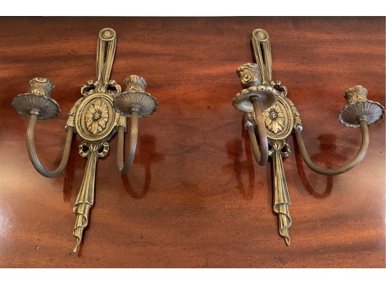 Pair Of French Louis XVI Style Bronze Twin Arm Wall Candle Sconces