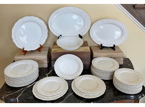 Beautiful Wedgwood Embossed Queensware, 38 Piece Set, White Antique China, Etruria England (numbered)