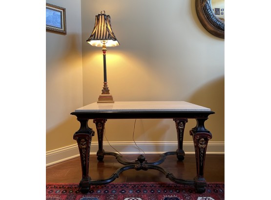 Elegant Asian Chinese Coffee Table Marble Top And Beautiful Lamp Black & Red With Gold Accents Original Shade