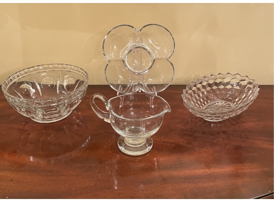 Vtg Fostoria American Bowl, Indiana Classique Colony Glass Bowl, Gravy Boat Poland And Flower Shaped Bowl
