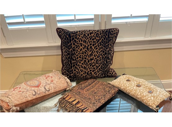 Lot Of Vintage Pillows And Throw Includes Velvet Boudoir Pillow W/needlepoint, Chinese Pillow & Leopard  Patt