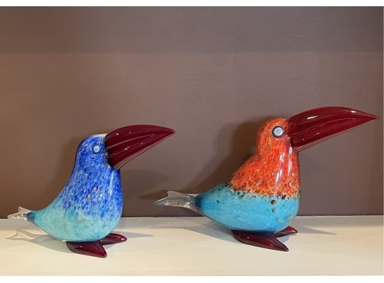 Pair Of Murano Art Glass Bird Figurines Signed Moretti