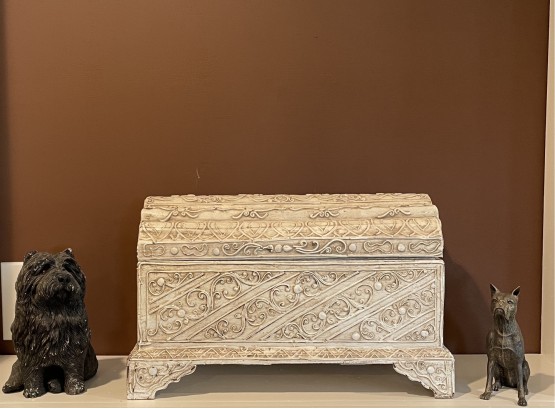 Beautiful Hand Carved Vintage Wooden Jewelry Box, Terrier Sculpture And Cas Iron Boxer Dog Sculpture
