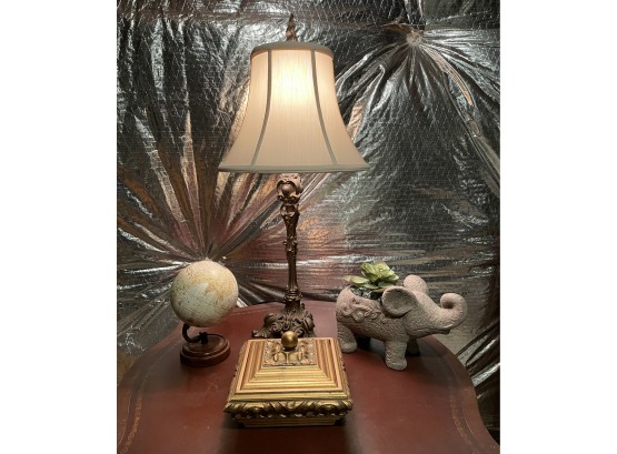 Beautiful Ornate Table Lamp 16', Ornate Vintage Box, Elephant Artificial Succulent Pot And Decorative Globe