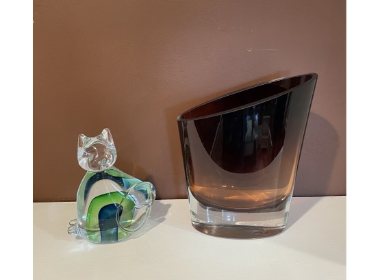 Handmade Diagonally Cut Crystal Art Glass And Glass Cat Sculpture
