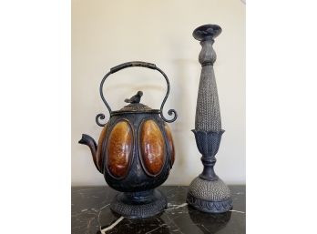 Vintage Chinese Metal Tea Kettle And Large Candlestick
