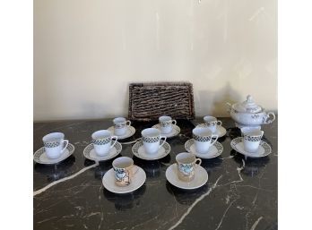 Lot Of Antique Vintage Hand Painted Coffee Cups And Saucers Nippon And Polish Porcelain Sugar Bowl & Vtg Tray