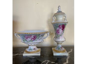 Lot Of Beautiful Vintage Hand Painted Porcelain Urn And Centerpiece Signed