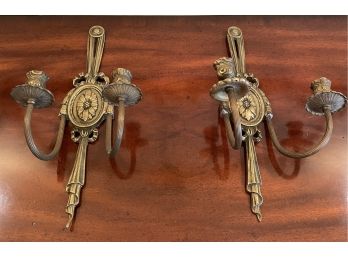 Pair Of French Louis XVI Style Bronze Twin Arm Wall Candle Sconces