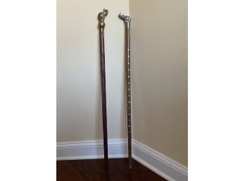 Lot Of Two Vintage Walking Canes - Handle Heads Of A Brass Elephant And Silver Metal Rhino