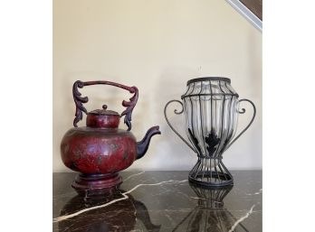 Vintage Pomegranate Chinese Metal Tea Kettle And Vintage Blown Glass In Metal Vase