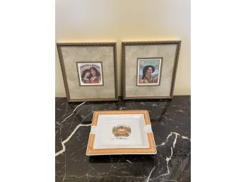 Beautifully Framed Pair Of  Vintage Cigar Box Labels And Vintage Collectible H.upmann Cigar Ashtray