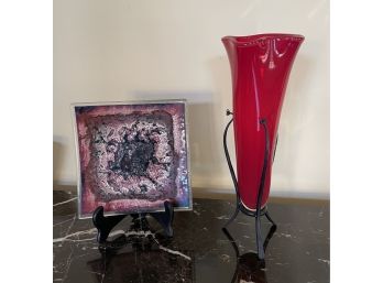 Art Deco Red Vase With Metal Stand And Hand Painted Glass Tray