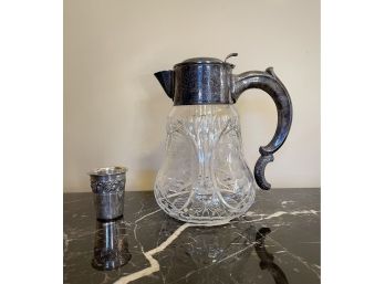Silver Judaica Grape Design Cup And Antique Silverplated Crystal Wine Pitcher With Insert