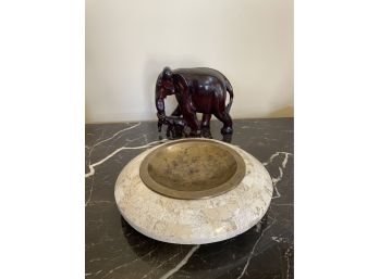 Maitland Smith Tessellated Marble Ashtray With Brass Accent And Wood Carving Elephant Figure