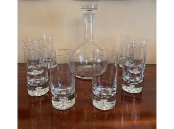 Beautiful Mid Century Modern Liquor/wine Decanter And Hand Blown Tall Clear Glasses Set Of 8