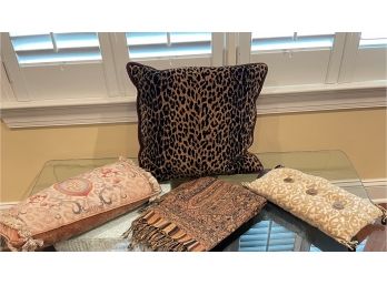 Lot Of Vintage Pillows And Throw Includes Velvet Boudoir Pillow W/needlepoint, Chinese Pillow & Leopard  Patt
