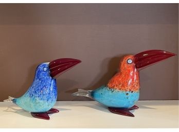 Pair Of Murano Art Glass Bird Figurines Signed Moretti