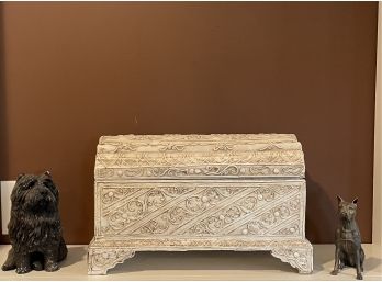 Beautiful Hand Carved Vintage Wooden Jewelry Box, Terrier Sculpture And Cas Iron Boxer Dog Sculpture