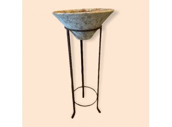 Faux Stone Planter With Iron Stand