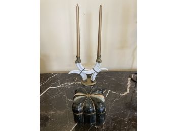 Mid Century Modern Tessellated Stone And Brass Box And Vintage Tusk Horn Candleholder With Candles