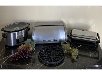 Wolfgang Puck Electric Grill, Bread Box, Cuisinart Cooker, Cast Iron Trivet And Vintage Artificial Grapes