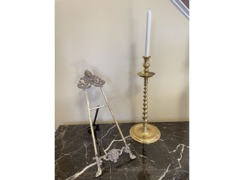 Antique Art Nouveau Easel/book Stand And Large Brass Candlestick