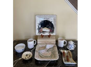 Fine Porcelain Tea Mug, Signed Ceramic Square Dish, Olive Leaf Bowls And Dish, Knives, Artisan Collection Mugs