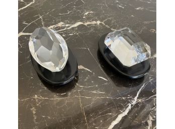 2 Crystal Paperweights With Stands One Is Tiffany & Co. Emerald Cut Clear Crystal Paperweight Signed