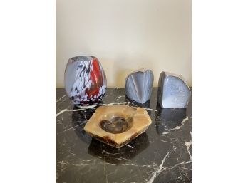 Vintage Large Onyx Ashtray, Caithness Glass Handcrafted Scottish Small Vase Signed, Agate Stone Bookends