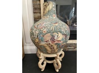 Beautiful Large Hand Painted Chinese Vase With Stand 20 1/2 Inch High