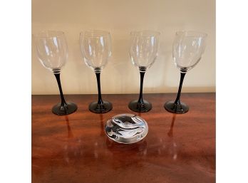 Mid Century French Luminarc Black And Clear Wine Glasses Set Of 4 And Glass Art Craft Paperweight