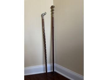 Lot Of Two Vintage Walking Canes - Handle Heads Of A Brass And Silver Metal Rhino