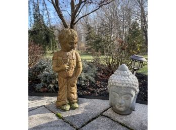Beautiful Little Boy Heavy Decor Garden Accent And Balinese Buddha Head Garden Statue