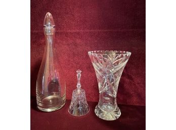 Lead Crystal Etched Hand Cut Vase, Crystal Bell And Decanter W/stopper