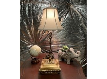 Beautiful Ornate Table Lamp 16', Ornate Vintage Box, Elephant Artificial Succulent Pot And Decorative Globe