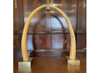Pair Of Tall Carved Wood Elephant Tusks Brass Bases (please Note That Tusks Are Not Ivory It Is Wood)
