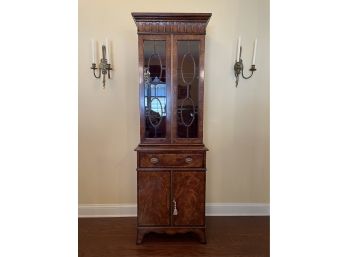 High - End Antique Reproduction Mahogany China Cabinet With Lights, Red Velvet Interior By Greenbaum Interiors