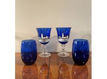 Beautiful Set Of 4 Hand Painted And Signed Blue Glasses By Marianne Burns