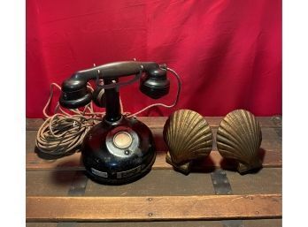 Antique French Telephone L'indlle Des Telephones Engraved In Bottom & On Earpiece And Vtg Brass PMC Book Ends