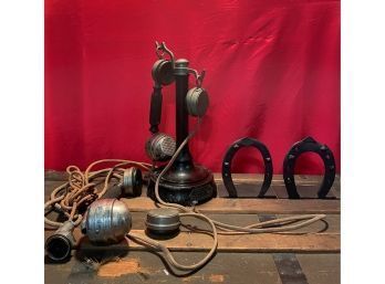 Antique 1918s #966 Telephones Paris With Two Handset And Earphone (engraved) And Vtg Horseshoe  Shape Bookends