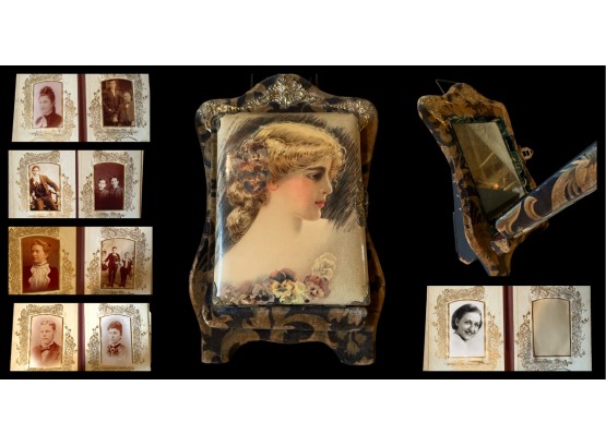 Antique Victorian Art Nouveu Velvet Photo Album W/stand And Mirror. Album Comes With Antique Photo Collection