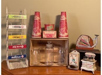 Vintage Collectors Lot: Wire Metal Wrigley's Store Counter Display, Lone Pine Farms Collectibles And More